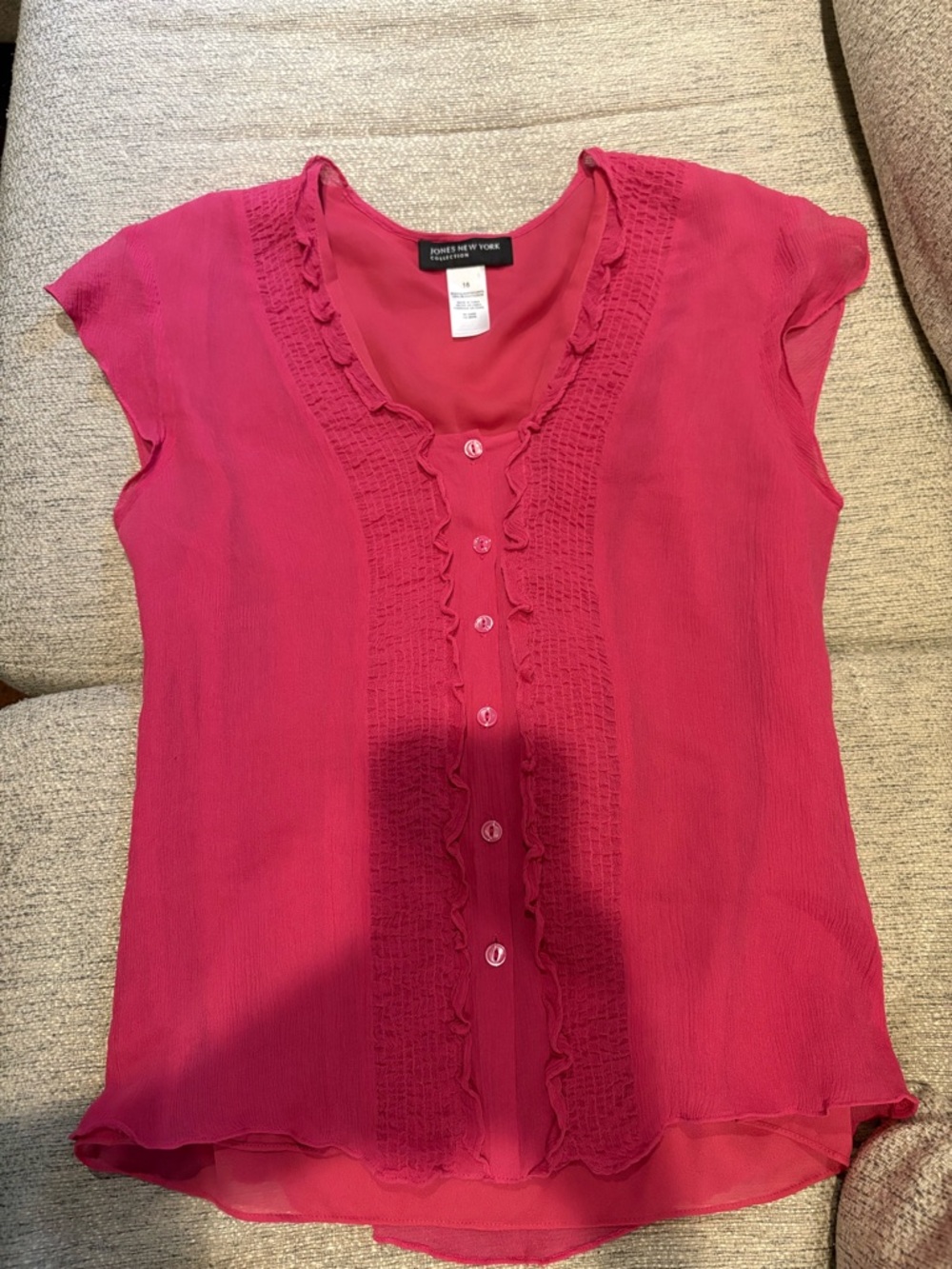Jones New York Hot Pink Ruffle-Front Cap Sleeve Blouse